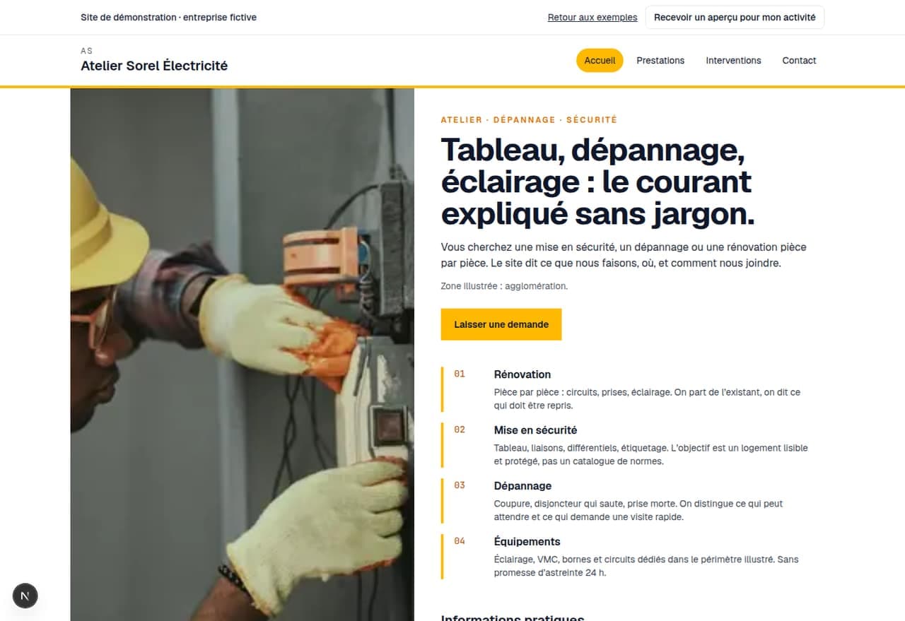 Capture du site de démonstration Atelier Sorel Électricité